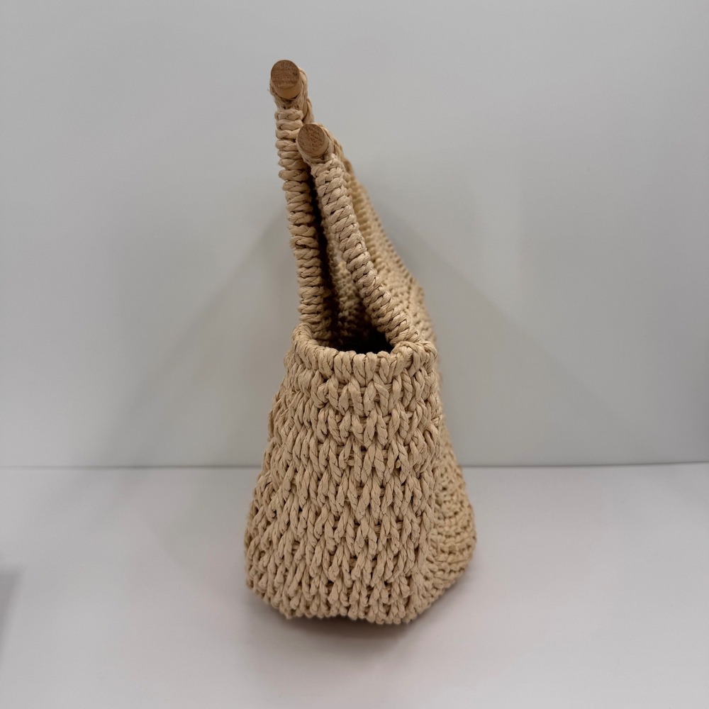 Woven Straw Tote Bag Half Moon Wooden Handle Beige Boho Summer Handbag Unbranded - Picture 5 of 12